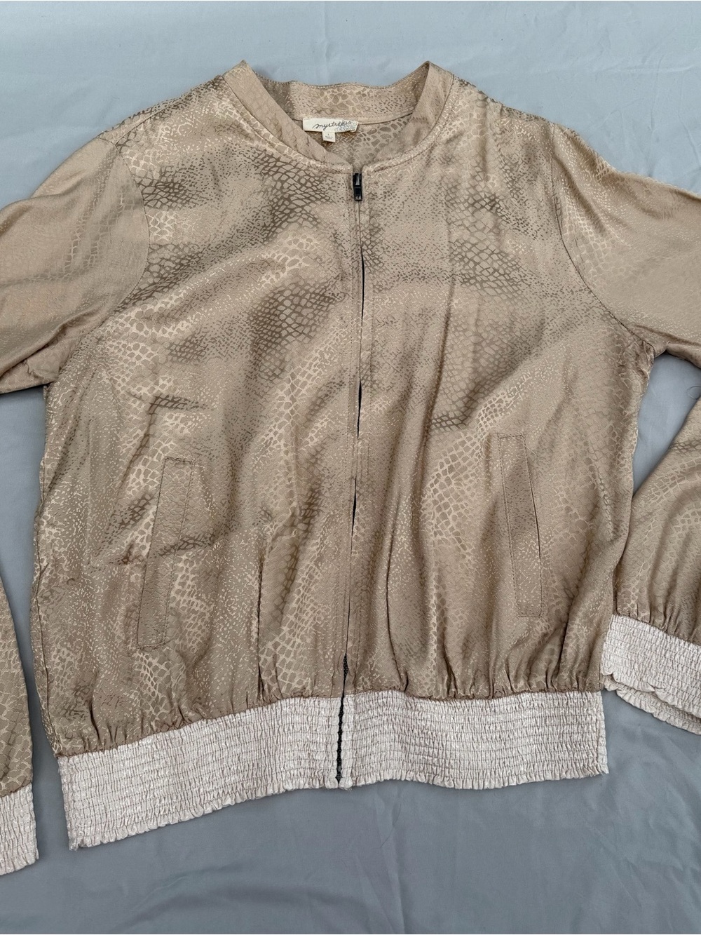 Mystree Lightweight Bomber Snakeskin Reptile Print Smocked Cuff Neutral